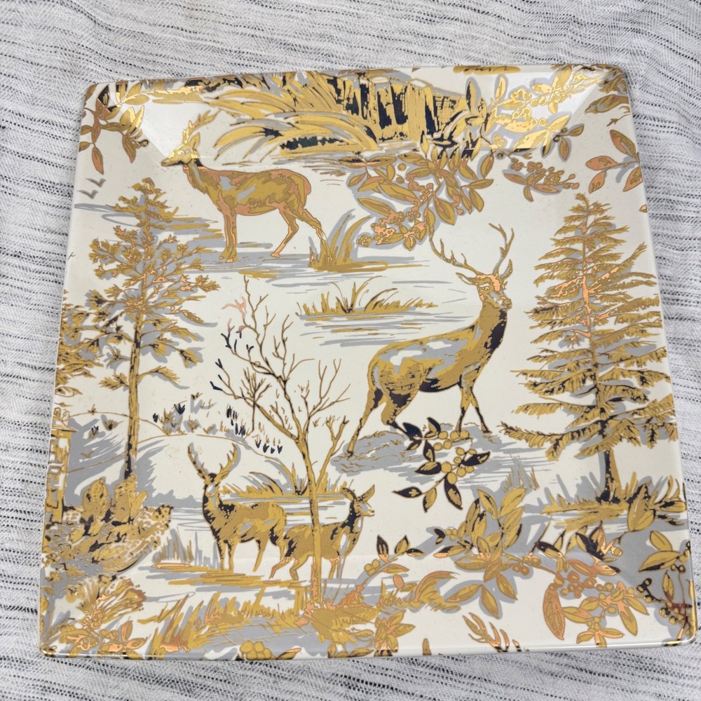 RARE Pottery Barn Gold Alpine Toile Square Platter 11.5" Winter Christmas Party